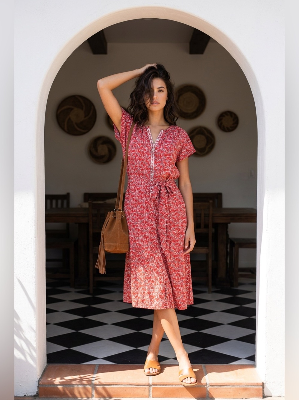 NWT Max Studio Red Floral Tie-Waist Midi Dress